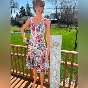Club Monaco White Midi Dress with Red, Blue & Green Floral Print 100% Silk NWT